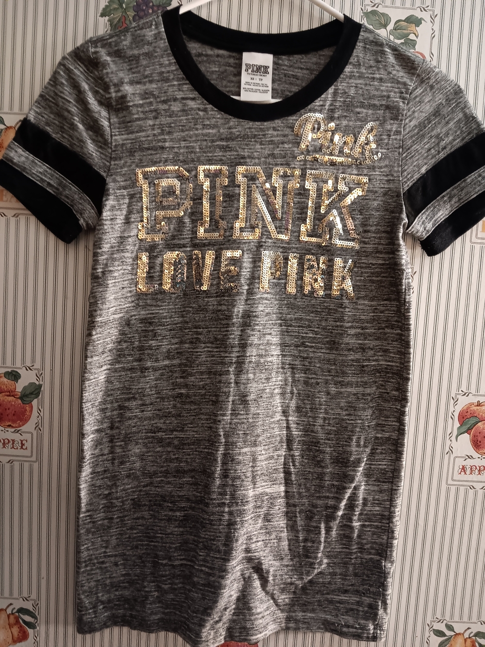PINK Victoria's Secret Girls' Gray Sequin Logo Ringer Tee